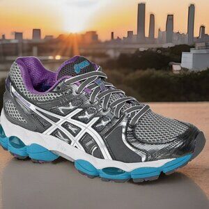 NIB Asics GEL NIMBUS 14 Womens Running Shoe sz 9.5 Grey White Purple Blue
